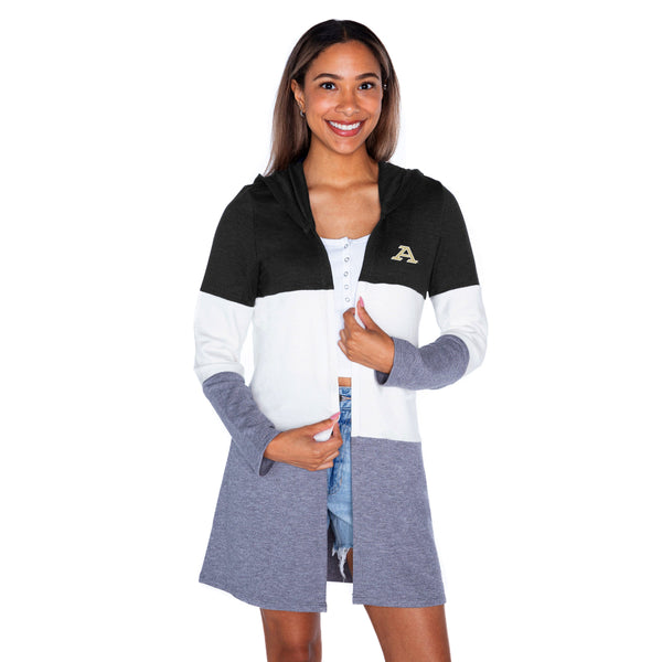 gameday couture AKRON ZIPS INSIGNIA WOMEN'S LIGHTWEIGHT LONG SLEEVE HOODED CARDIGAN WITH OPEN FRONT AND BOLD COLORBLOCK DETAIL