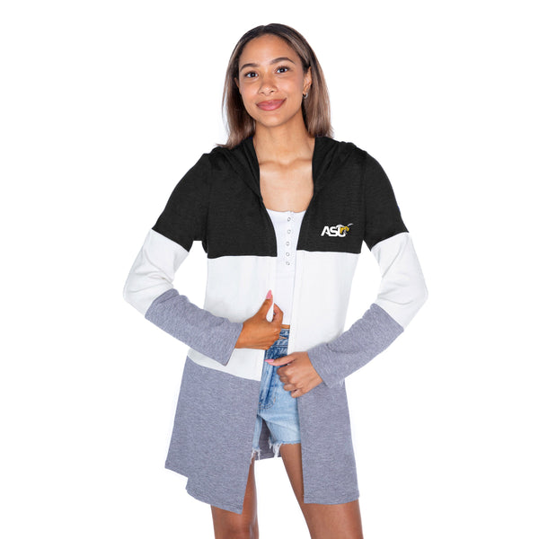 Gameday Couture ALABAMA STATE HORNETS INSIGNIA WOMEN'S LIGHTWEIGHT LONG SLEEVE HOODED CARDIGAN WITH OPEN FRONT AND BOLD COLORBLOCK DETAIL