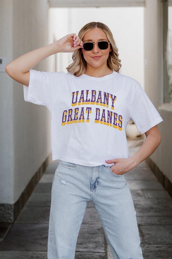 Gameday Couture ALBANY GREAT DANES CLAIM TO FAME BOXY FIT WOMEN'S CROPPED TEE