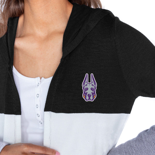 Gameday Couture ALBANY GREAT DANES INSIGNIA WOMEN'S LIGHTWEIGHT LONG SLEEVE HOODED CARDIGAN WITH OPEN FRONT AND BOLD COLORBLOCK DETAIL