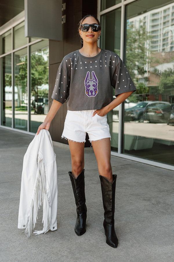 Gameday Couture ALBANY GREAT DANES MAKING MOVES ALL-OVER RHINESTONE CROPPED TEE WITH YOKE