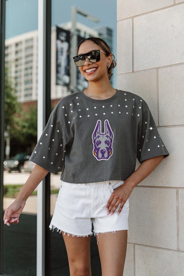 gameday couture ALBANY GREAT DANES MAKING MOVES ALL-OVER RHINESTONE CROPPED TEE WITH YOKE