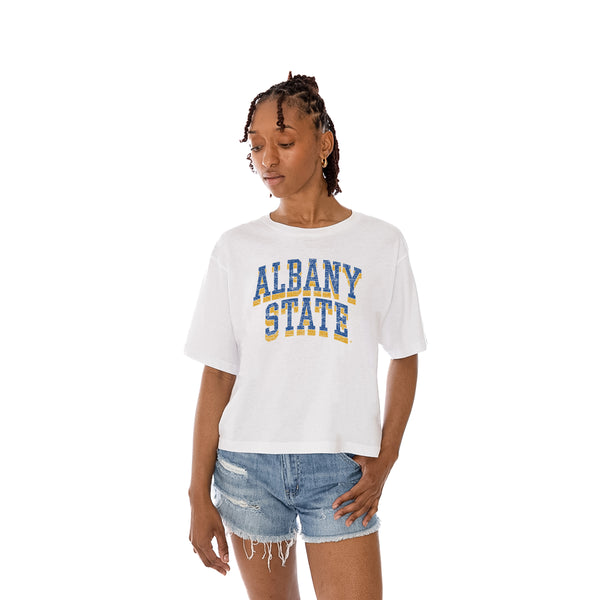 Gameday Couture ALBANY STATE GOLDEN RAMS CLAIM TO FAME BOXY FIT WOMEN'S CROPPED TEE