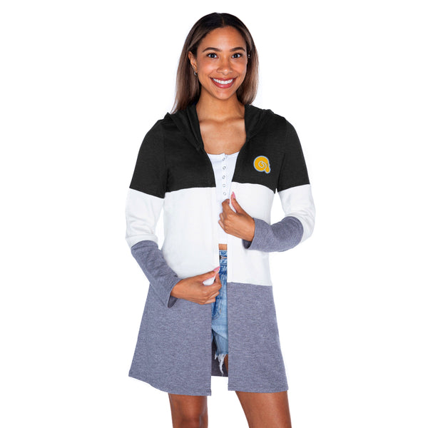 gameday couture ALBANY STATE GOLDEN RAMS INSIGNIA WOMEN'S LIGHTWEIGHT LONG SLEEVE HOODED CARDIGAN WITH OPEN FRONT AND BOLD COLORBLOCK DETAIL
