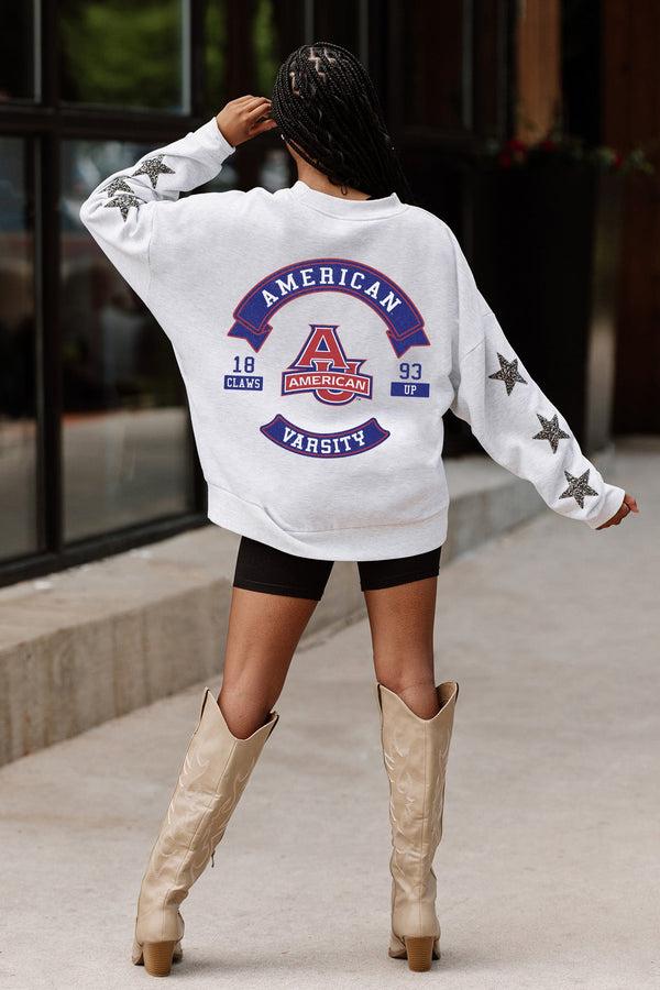gameday couture AMERICAN UNIVERSITY EAGLES READY FOR IT EMBELLISHED STAR SLEEVE CREWNECK PULLOVER