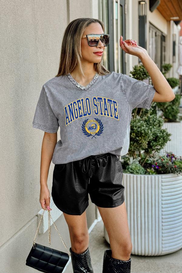 Gameday Couture ANGELO STATE RAMS ICONIC EDGE RHINESTONE TRIM V-NECK TEE