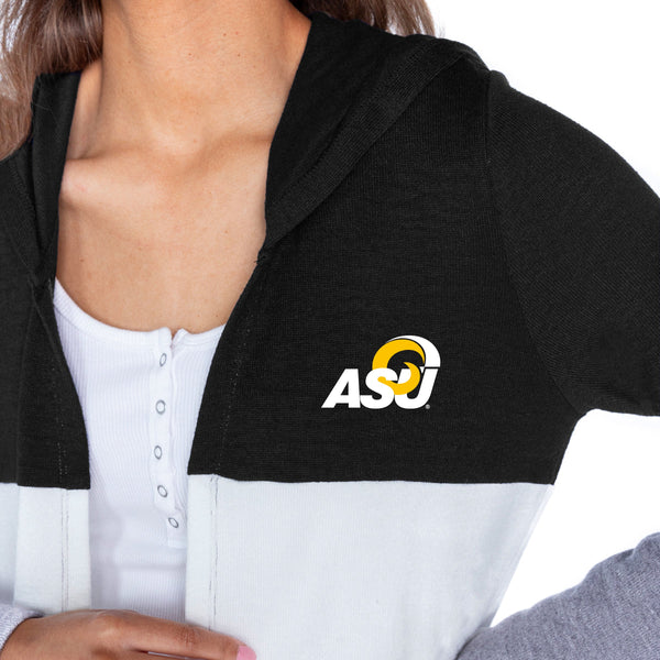 Gameday Couture ANGELO STATE RAMS INSIGNIA WOMEN'S LIGHTWEIGHT LONG SLEEVE HOODED CARDIGAN WITH OPEN FRONT AND BOLD COLORBLOCK DETAIL