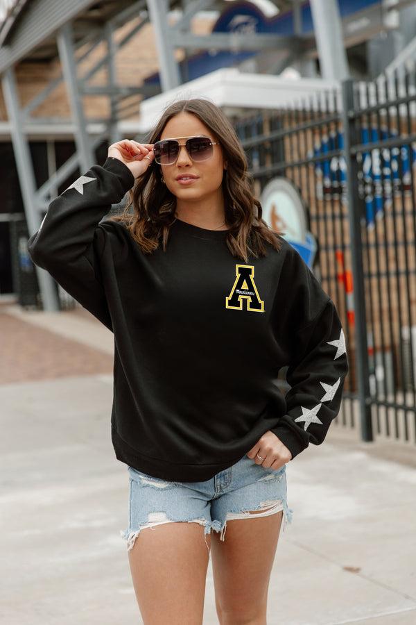 Gameday Couture APPALACHIAN STATE MOUNTAINEERS DEDICATION EMBELLISHED STAR SLEEVE CREWNECK PULLOVER