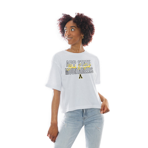 gameday couture APPALACHIAN STATE MOUNTAINEERS KEEP PLAYING BOXY FIT WOMEN'S CROP TEE
