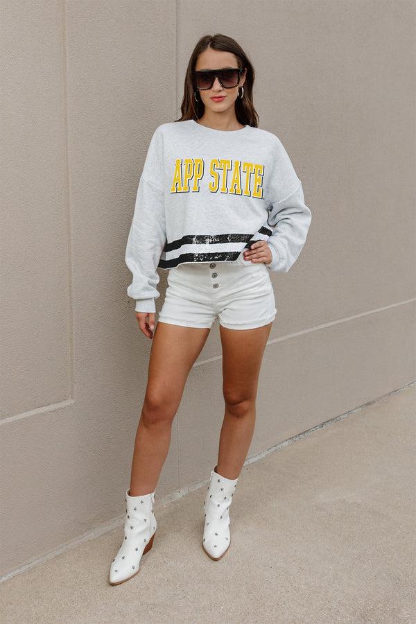 Gameday Couture APPALACHIAN STATE MOUNTAINEERS PASS THE SHINE SEQUIN TRIM MID-CROP SWEATSHIRT