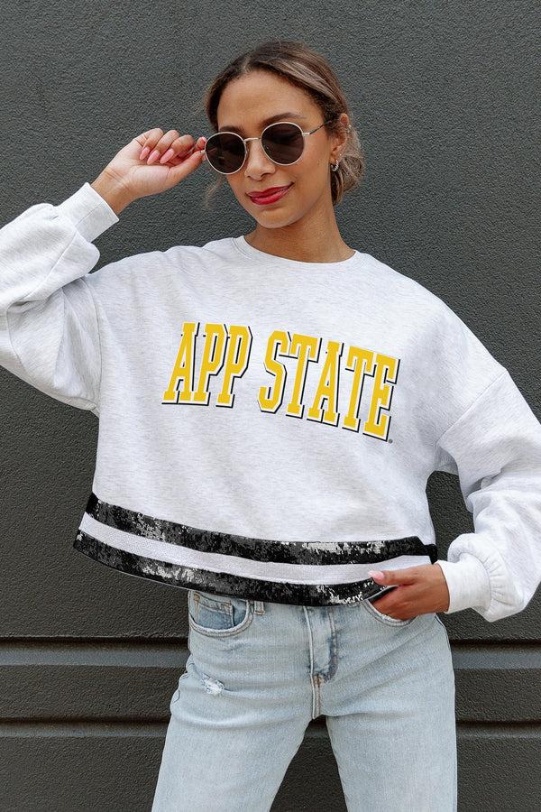 Gameday Couture APPALACHIAN STATE MOUNTAINEERS PASS THE SHINE SEQUIN TRIM MID-CROP SWEATSHIRT