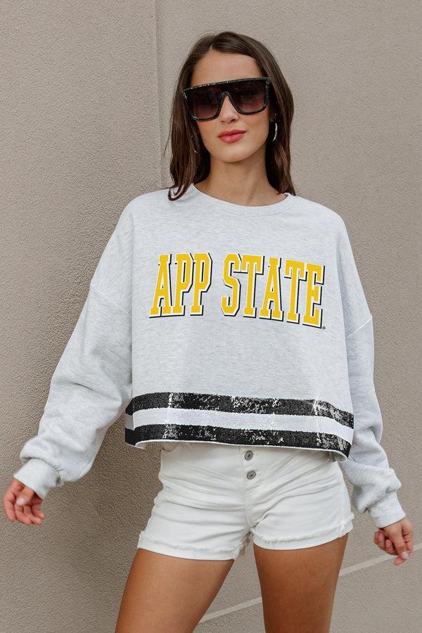 gameday couture APPALACHIAN STATE MOUNTAINEERS PASS THE SHINE SEQUIN TRIM MID-CROP SWEATSHIRT