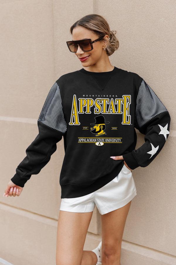 Gameday Couture APPALACHIAN STATE MOUNTAINEERS SHINING SPIRIT CREWNECK FLEECE WITH JERSEY MESH CONTRAST SHOULDER SWEATSHIRT