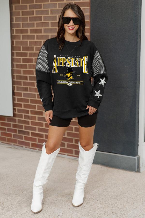 Gameday Couture APPALACHIAN STATE MOUNTAINEERS SHINING SPIRIT CREWNECK FLEECE WITH JERSEY MESH CONTRAST SHOULDER SWEATSHIRT