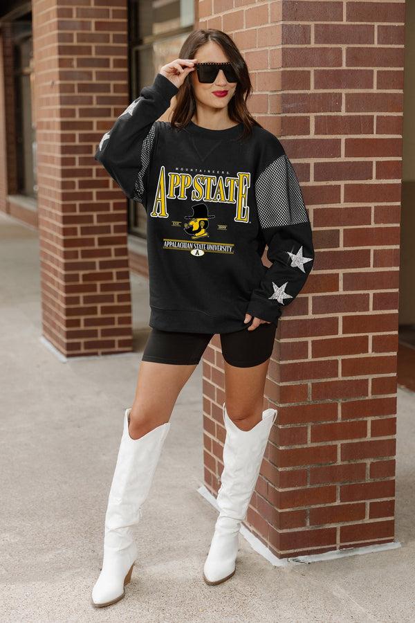 Gameday Couture APPALACHIAN STATE MOUNTAINEERS SHINING SPIRIT CREWNECK FLEECE WITH JERSEY MESH CONTRAST SHOULDER SWEATSHIRT