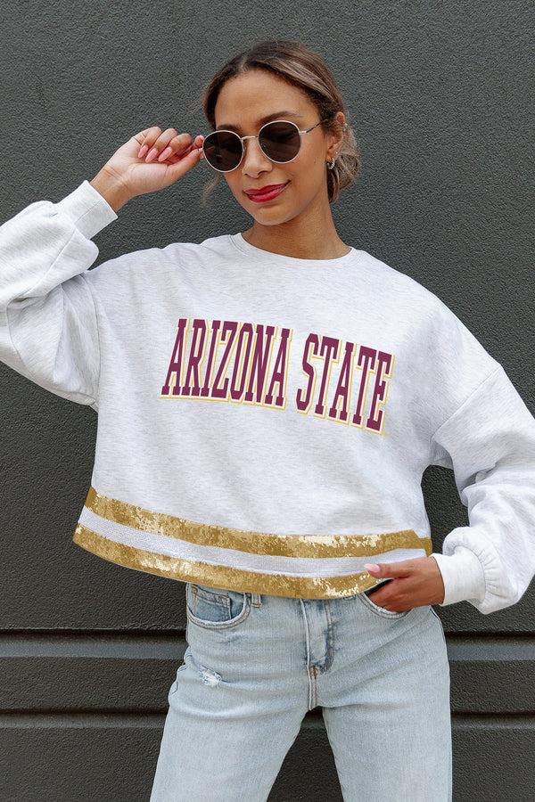 gameday couture ARIZONA STATE SUN DEVILS PASS THE SHINE SEQUIN TRIM MID-CROP SWEATSHIRT