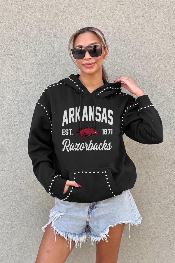 Gameday Couture ARKANSAS RAZORBACKS HERE FOR IT STUDDED DETAIL FLEECE FRONT POCKET HOODIE