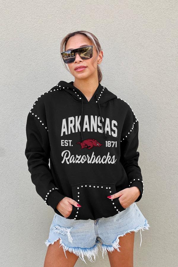gameday couture ARKANSAS RAZORBACKS HERE FOR IT STUDDED DETAIL FLEECE FRONT POCKET HOODIE
