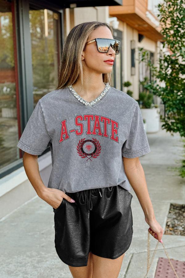 gameday couture ARKANSAS STATE RED WOLVES ICONIC EDGE RHINESTONE TRIM V-NECK TEE