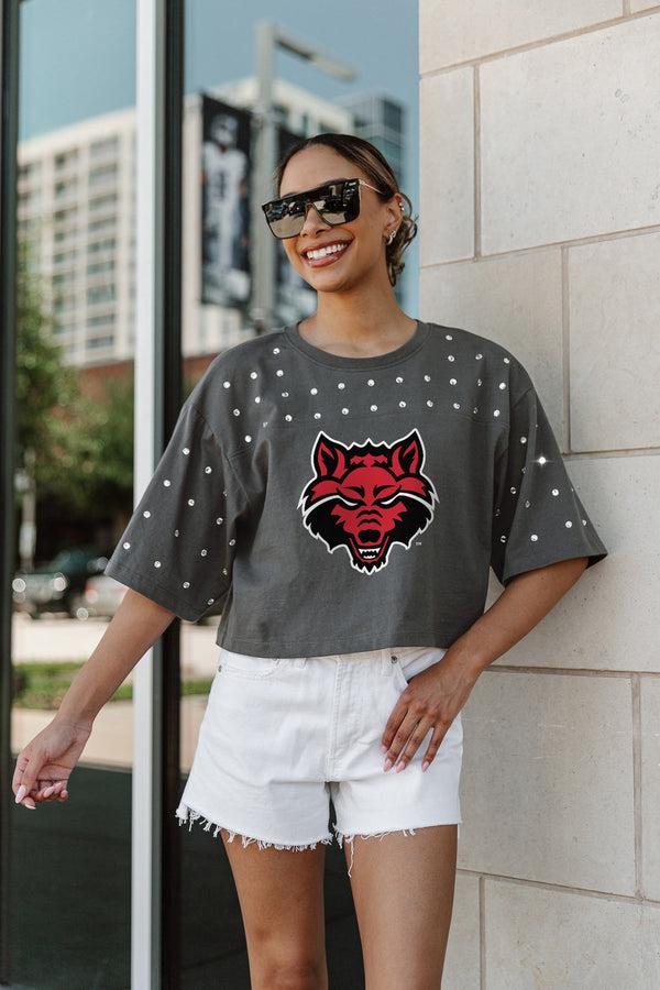 gameday couture ARKANSAS STATE RED WOLVES Making Moves Rhinestone Crop Tee With Yoke