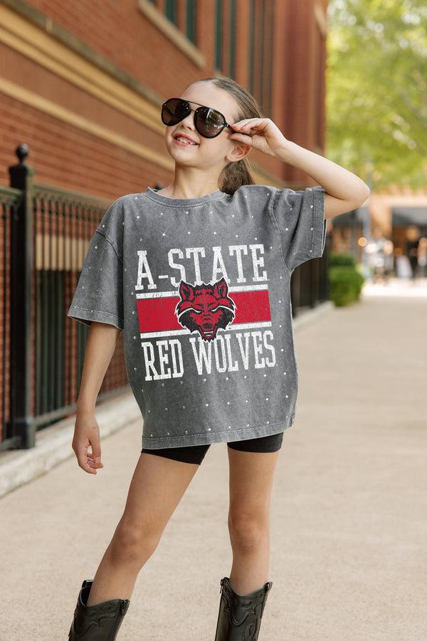 gameday couture ARKANSAS STATE RED WOLVES ON THE BALL KIDS MINI RHINESTONE OVERSIZED TEE
