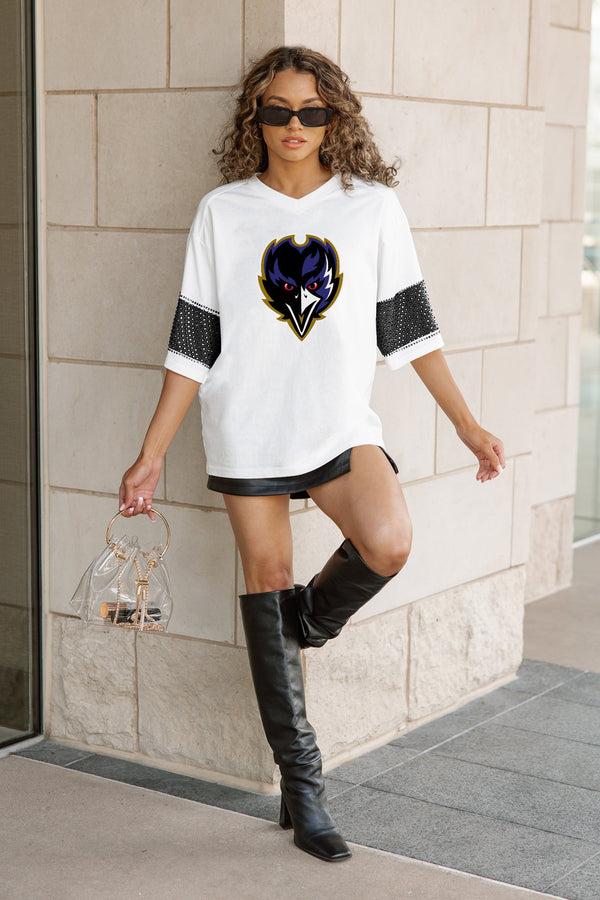 Gameday Couture BALTIMORE RAVENS DOMINANCE RHINESTONE STRIPE VARSITY TEE