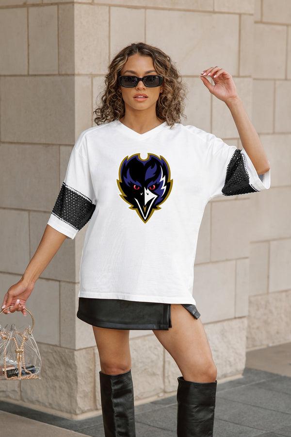 Gameday Couture BALTIMORE RAVENS DOMINANCE RHINESTONE STRIPE VARSITY TEE
