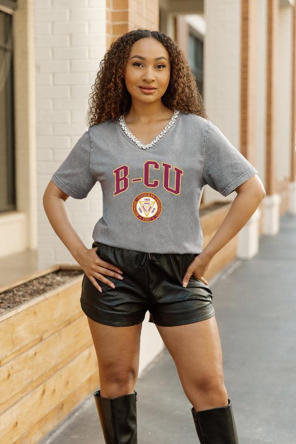 Gameday Couture BETHUNE-COOKMAN WILDCATS ICONIC EDGE RHINESTONE TRIM V-NECK TEE