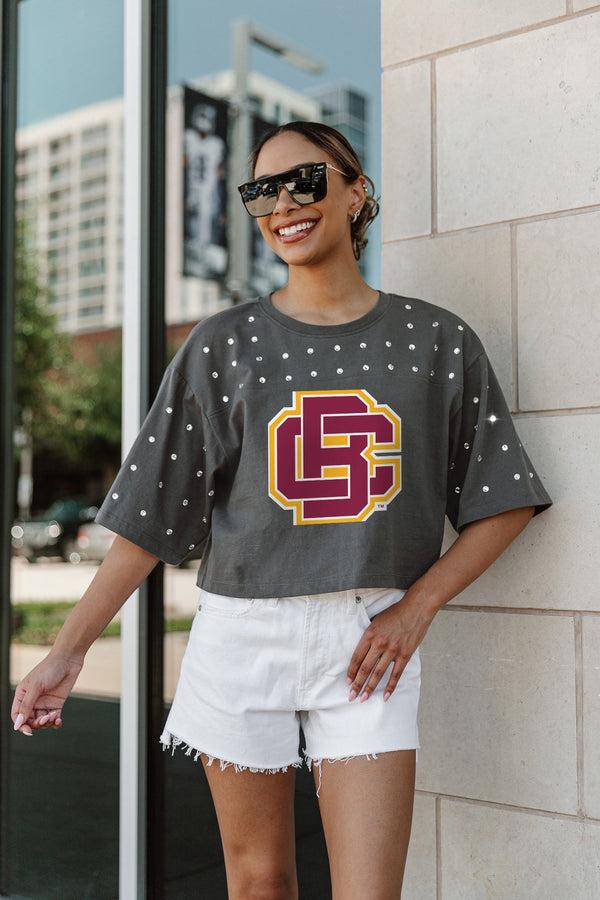gameday couture BETHUNE-COOKMAN WILDCATS Making Moves Rhinestone Crop Tee With Yoke