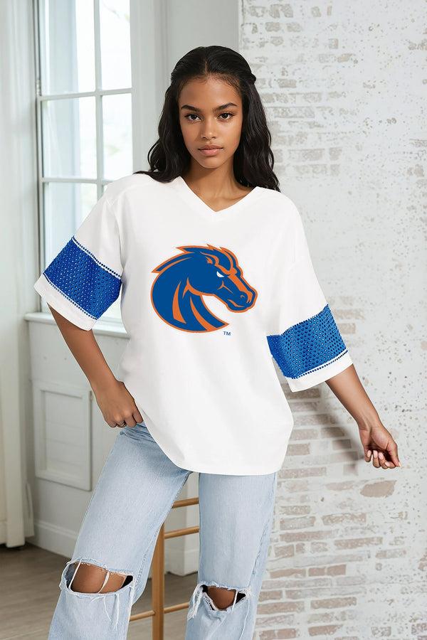 Gameday Couture BOISE STATE BRONCOS DOMINANCE RHINESTONE STRIPE VARSITY TEE
