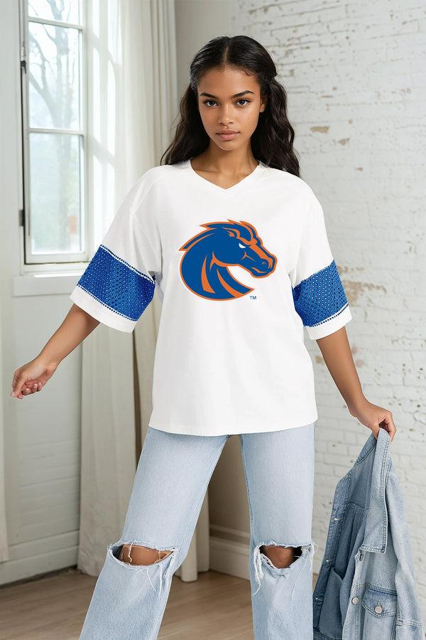 Gameday Couture BOISE STATE BRONCOS DOMINANCE RHINESTONE STRIPE VARSITY TEE