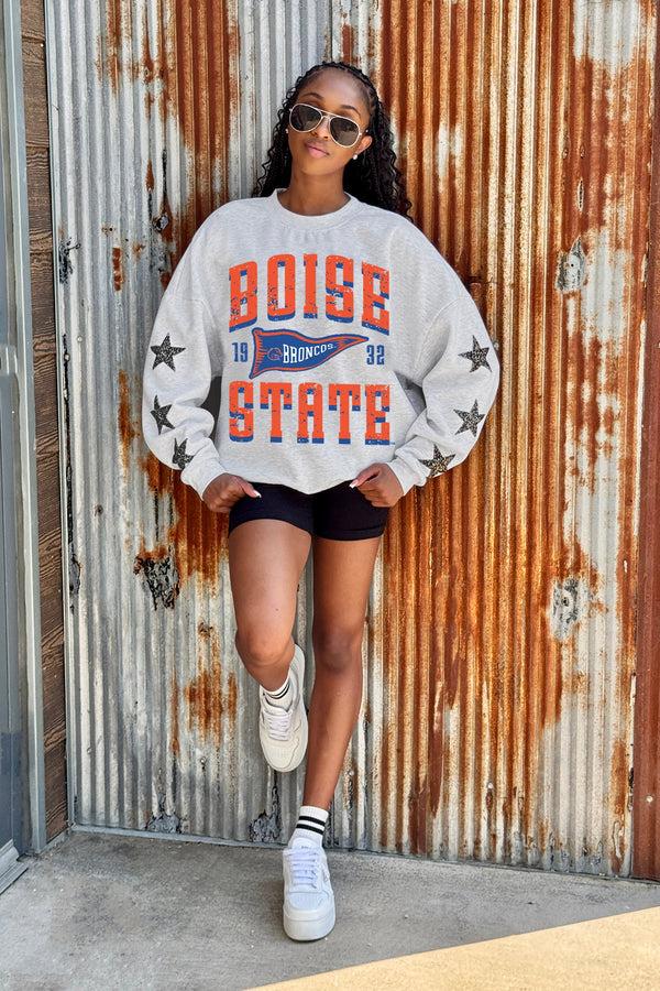 Gameday Couture BOISE STATE BRONCOS PENNANT PRIDE EMBELLISHED STAR SLEEVE CREWNECK PULLOVER