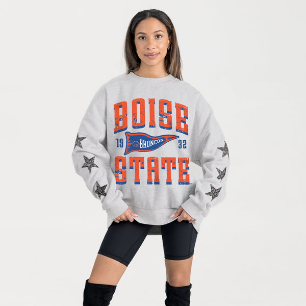 Gameday Couture BOISE STATE BRONCOS PENNANT PRIDE EMBELLISHED STAR SLEEVE CREWNECK PULLOVER