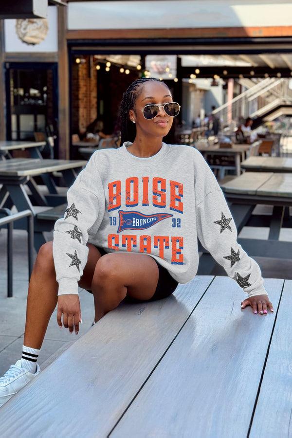 gameday couture BOISE STATE BRONCOS PENNANT PRIDE EMBELLISHED STAR SLEEVE CREWNECK PULLOVER
