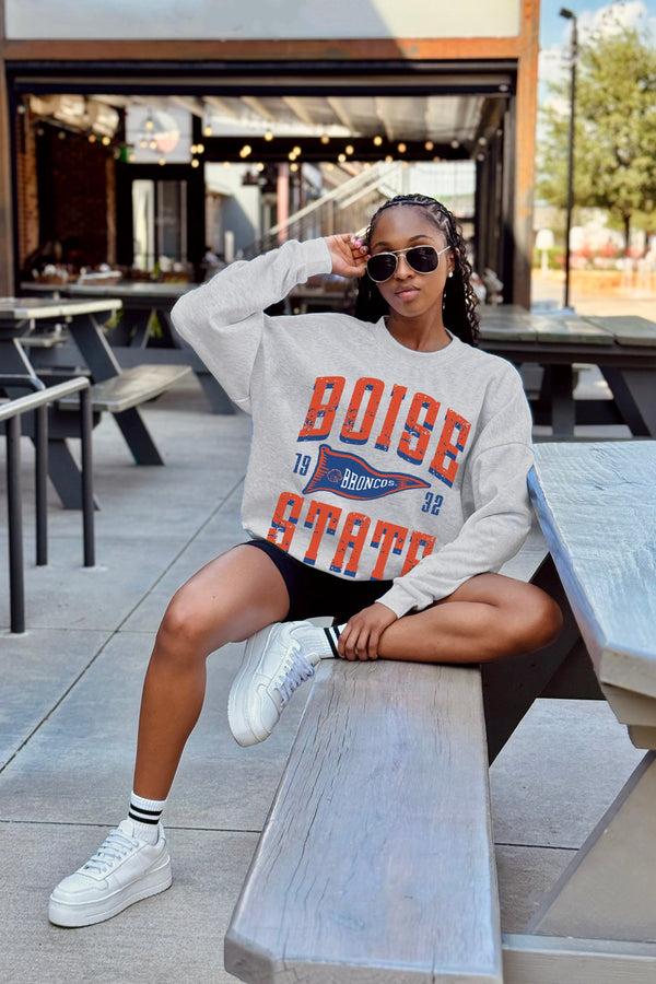 Gameday Couture BOISE STATE BRONCOS PENNANT PRIDE PREMIUM FLEECE DROP SHOULDER CREWNECK PULLOVER