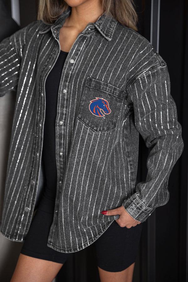 Gameday Couture BOISE STATE BRONCOS STYLE'S THE LIMIT MICRO-RHINESTONE DENIM OVERSHIRT IN BLACK