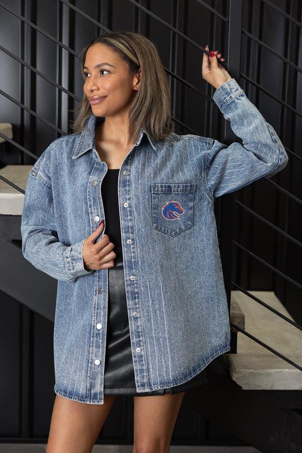 gameday couture BOISE STATE BRONCOS STYLE'S THE LIMIT MICRO-RHINESTONE DENIM OVERSHIRT