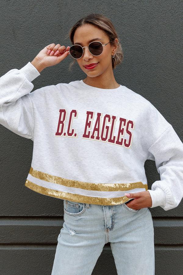 gameday couture BOSTON COLLEGE EAGLES Pass The Shine Sequin Trim Mid-Crop Sweatshirt