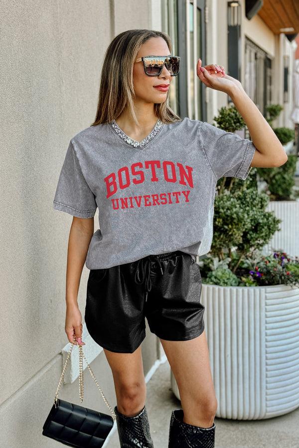 Gameday Couture BOSTON UNIVERSITY TERRIERS ICONIC EDGE RHINESTONE TRIM V-NECK TEE
