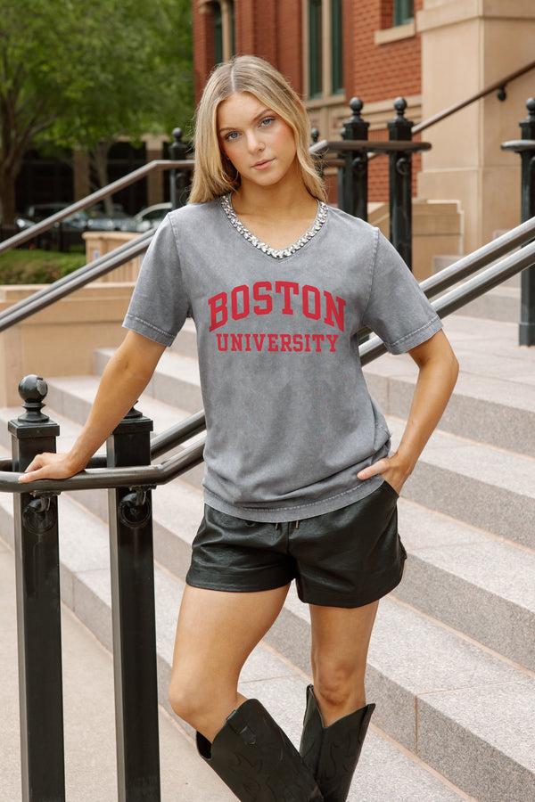 Gameday Couture BOSTON UNIVERSITY TERRIERS ICONIC EDGE RHINESTONE TRIM V-NECK TEE
