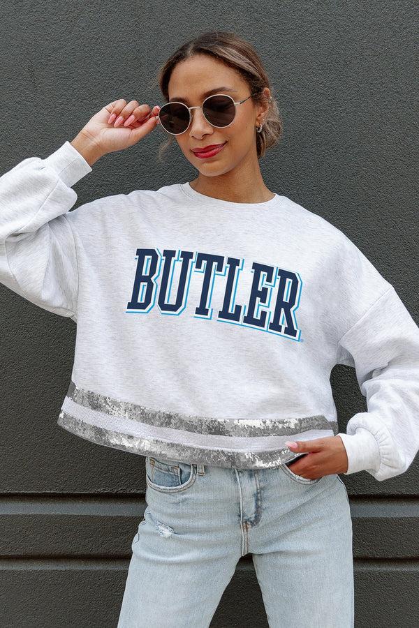gameday couture BUTLER BULLDOGS Pass The Shine Sequin Trim Mid-Crop Sweatshirt