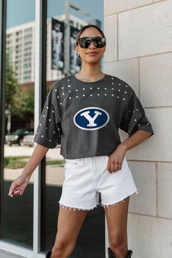 Gameday Couture BYU COUGARS Making Moves Rhinestone Crop Tee With Yoke