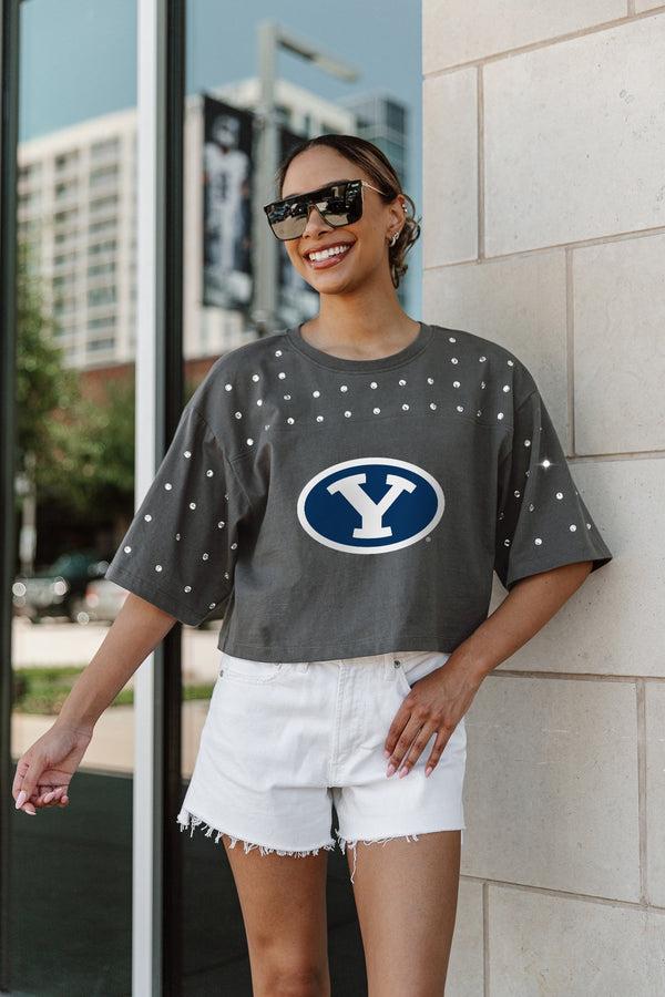 gameday couture BYU COUGARS Making Moves Rhinestone Crop Tee With Yoke