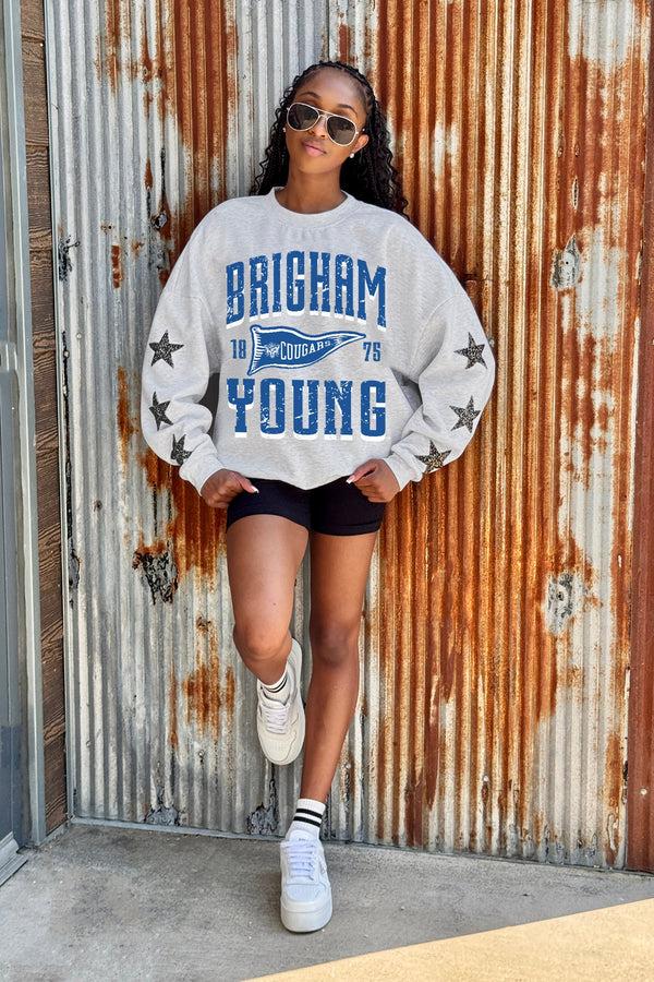 Gameday Couture BYU COUGARS PENNANT PRIDE EMBELLISHED STAR SLEEVE CREWNECK PULLOVER