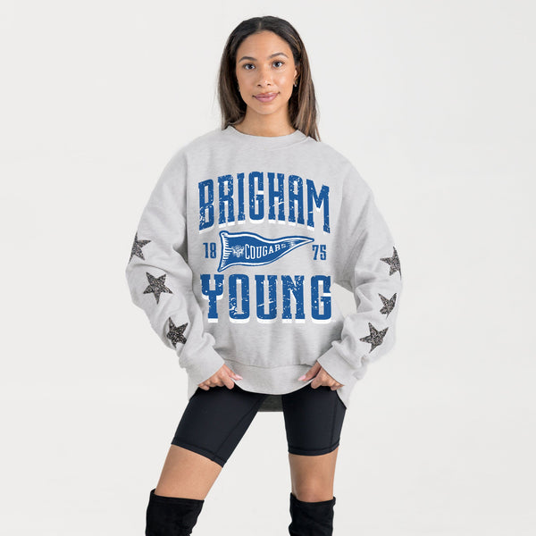 Gameday Couture BYU COUGARS PENNANT PRIDE EMBELLISHED STAR SLEEVE CREWNECK PULLOVER