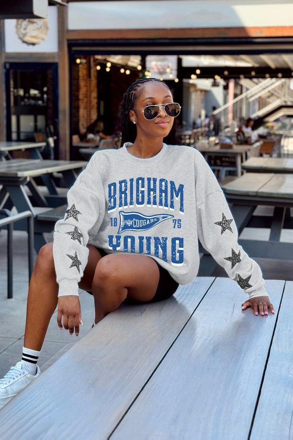 gameday couture BYU COUGARS PENNANT PRIDE EMBELLISHED STAR SLEEVE CREWNECK PULLOVER