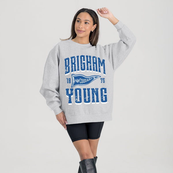 Gameday Couture BYU COUGARS PENNANT PRIDE PREMIUM FLEECE DROP SHOULDER CREWNECK PULLOVER