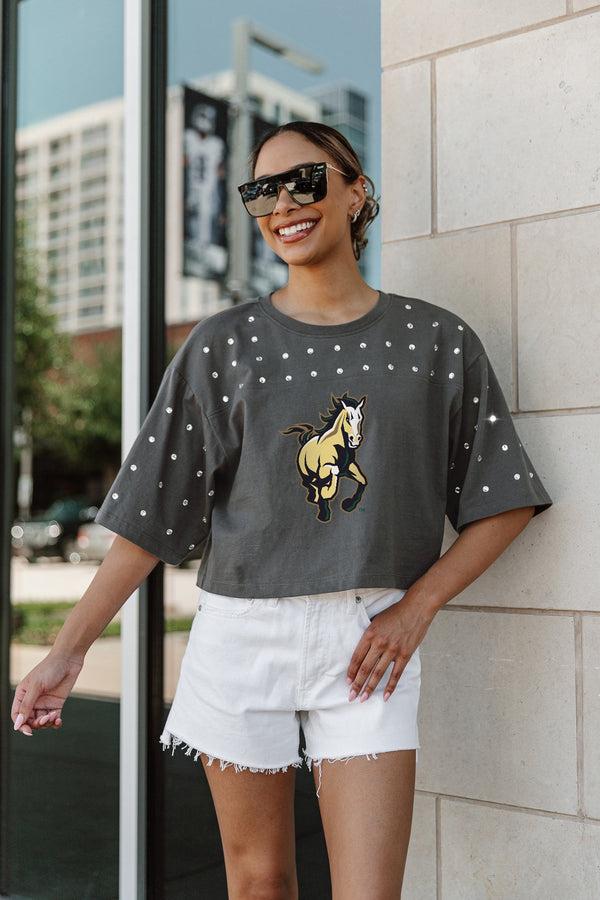 gameday couture CAL POLY MUSTANGS Making Moves Rhinestone Crop Tee With Yoke