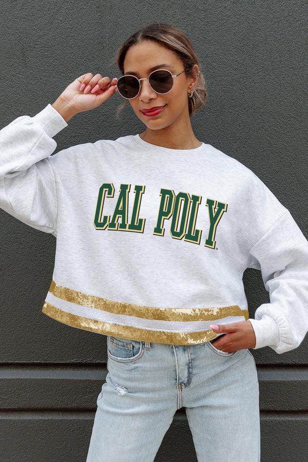 gameday couture CAL POLY MUSTANGS Pass The Shine Sequin Trim Mid-Crop Sweatshirt