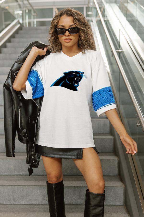Gameday Couture CAROLINA PANTHERS DOMINANCE RHINESTONE STRIPE VARSITY TEE